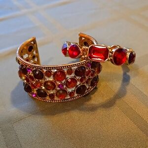 Gold-tone Cuff Bracelet w/ Multifaceted Multicolor Gem Stones Vintage Boho